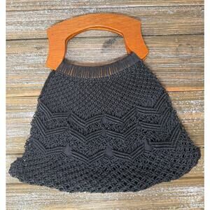 Vintage Macrame Handbag Purse Wooden Handle Black Boho Chic Crochet Bag